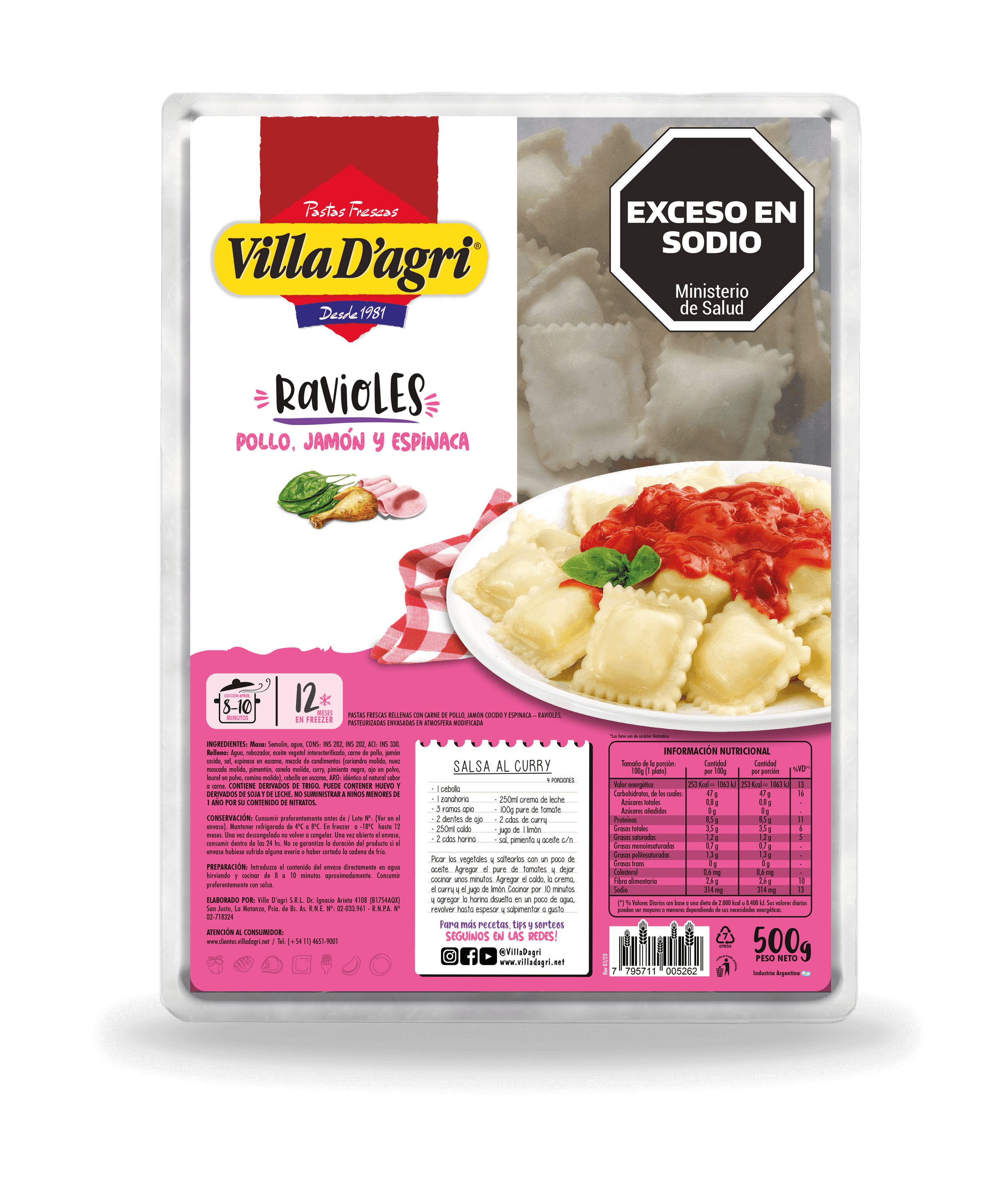 VILLA DAGRI Ravioles pollo jamon y verd x 500g